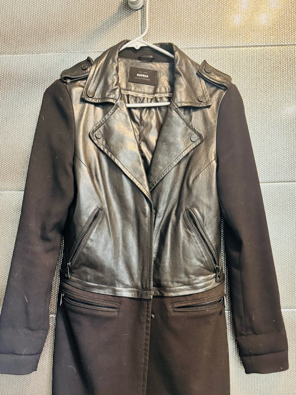 Leather Black Mixed-Media Trench Coat - Women's